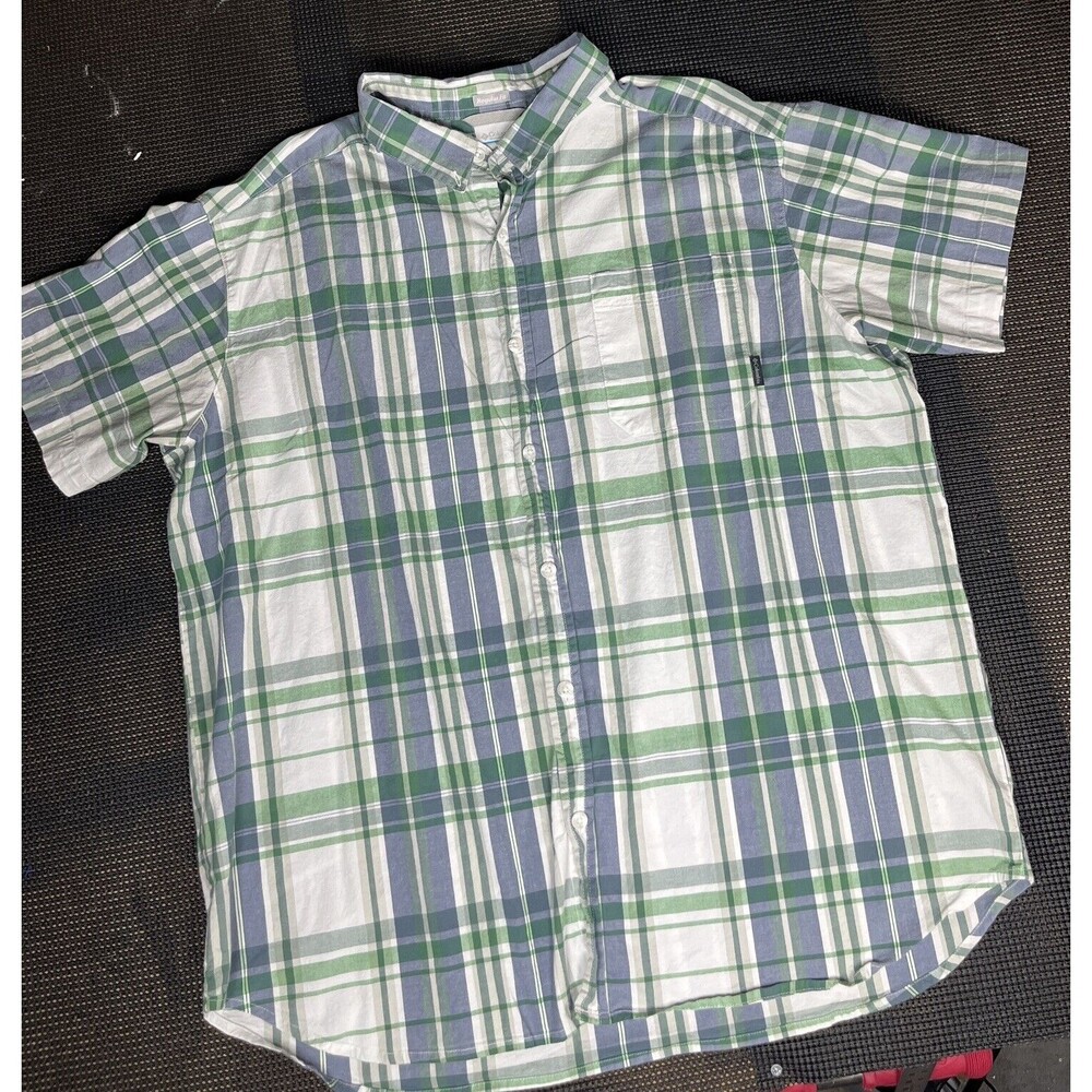 Columbia Short Sleeve Button Front Plaid Shirt Green Regular Fit Mens Size XXL